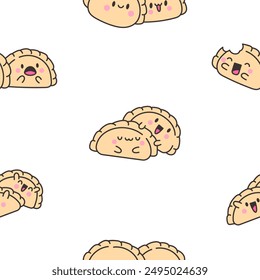 Bonita bola de masa kawaii. Patrón sin costuras. Dibujos animados de personajes de comida china. Estilo dibujado a mano. Dibujo de Vector. Diseñar adornos.