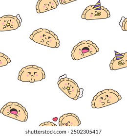 Linda bola de masa kawaii. Patrón sin fisuras. Caricaturas de comida china. Estilo dibujado a mano. Dibujo de Vector. Diseña adornos.