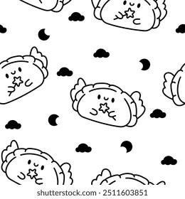 Linda bola de masa kawaii. Patrón sin fisuras. Página para colorear. Caricaturas de comida china. Estilo dibujado a mano. Dibujo de Vector. Diseña adornos.