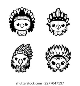 cute kawaii eagle head logo wearing indian chief accessories collection set hand drawn illustration