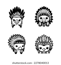 el lindo logo de kawaii eagle head usando colección de accesorios de jefe indio. Dibujadas a mano con amor, estas ilustraciones seguramente añaden un toque de fuerza y gracia