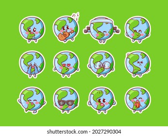Cute and Kawaii Earth Globe Character Sticker Illustration Set With Various Activity and Happy Expression for mascot badge