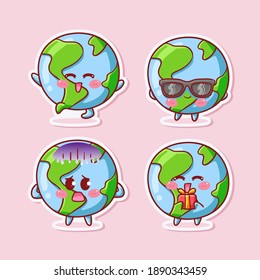 Cute and Kawaii Earth Globe Sticker Illustration Set With Various Activity and Expression (happy, hooray, sunglasses, fearful, give present) for mascot