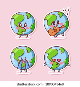 Cute and Kawaii Earth Globe Sticker Illustration Set With Various Activity and Expression (apologize, beg, play guitar, cry, kiss) for mascot