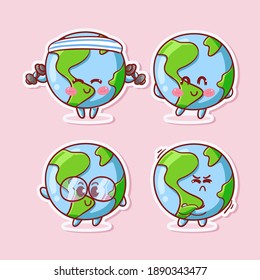 Cute and Kawaii Earth Globe Sticker Illustration Set With Various Activity and Expression (workout, happy, nerd, upset) for mascot