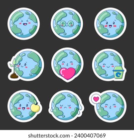 Cute kawaii Earth planet cartoon character. Sticker Bookmark. Globe with different face. Hand drawn style. Vector drawing. Collection of design elements.