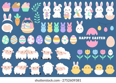 Cute kawaii Easter bundle set with bunny lamb chick decorated egg tulip cupcake basket and Happy Easter text Vector Illustration Cute kawaii Easter bundle set with bunny lamb chick decorated egg tulip cupcake basket and Happy Easter text Vector Illustration