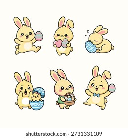 Cute Kawaii Easter Bunny Actions Set with Decorated Eggs Flat Vector