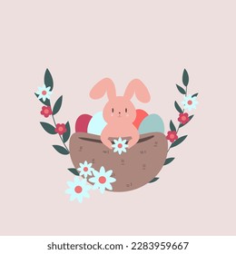 Cute kawaii easter bunny in the easter basket with eggs and flowers, greeting card template