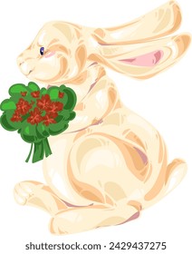 cute kawaii easter bunny with bouquet vector clipart