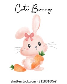 Cute and kawaii Easter bunny with carrots watercolor vector hand drawing illustration.