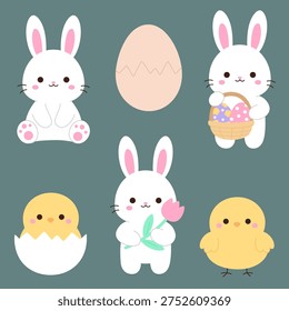 Cute kawaii Easter bunny chick egg basket and tulip character set on teal green background Vector Illustration Cute kawaii Easter bunny chick egg basket and tulip character set on teal green background Vector Illustration