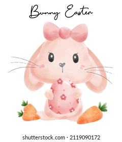 Cute and kawaii Easter bunny with egg watercolor vector hand drawing illustration.