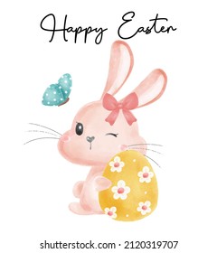 Cute and kawaii Easter bunny with egg watercolor vector hand drawing illustration.