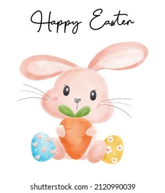 Cute and kawaii Easter bunny with egg watercolor vector hand drawing illustration.