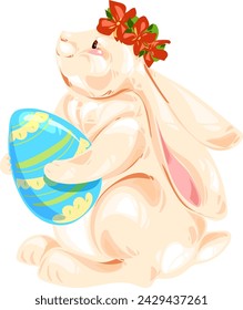 cute kawaii easter bunny with egg and flower vector clipart