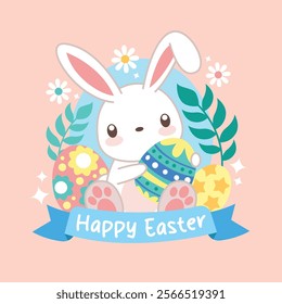 Cute kawaii easter bunny with egg vector illustration