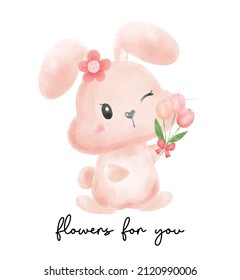 Cute and kawaii Easter bunny with flower watercolor vector hand drawing illustration.