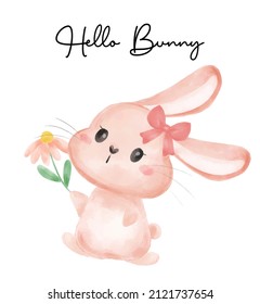 Cute and kawaii Easter bunny with flower watercolor vector hand drawing illustration.