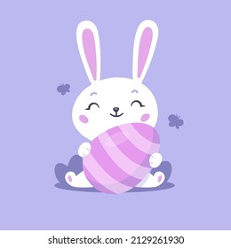 Cute kawaii Easter bunny holding an egg flat vector cartoon illustration