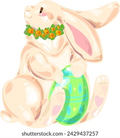cute kawaii easter bunny sits with egg and flower vector clipart
