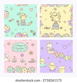 Lindos Kawaii Pascua Pollitos y Conejitos Patrones sin fisuras Colección, Pastel Spring Surface Design Pack, Un completo kit de herramientas editables para los diseñadores con huevos de Pascua con pollitos, conejos y flores