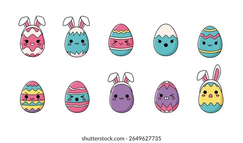 Cute kawaii easter eggs with bunny ears expressing various adorable and funny emotions for spring holiday celebrations