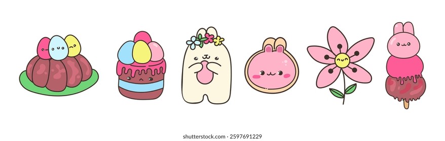 Cute kawaii Easter food and character set with smiling jelly, cupcakes, bunny treats, flower and popsicle. Adorable pastel-colored doodles perfect for spring, kids designs, and holiday decor.