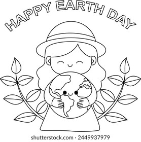 Cute kawaii eco friendly girl hug cute earth. Girl caring of environment. Love Earth. Earth day coloring page.