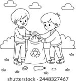 Cute kawaii eco friendly kids collecting waste coloring page. Boy, girl caring of environment, sorting . Earth day coloring page. Concept with children picking up trash