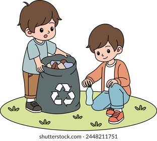 Cute kawaii eco friendly kids collecting waste. Boy, girl caring of environment, sorting . Earth day coloring page. Concept with children picking up trash