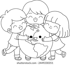 Cute kawaii eco friendly kids hug cute earth . Boy, girl caring of environment. Earth day coloring page.