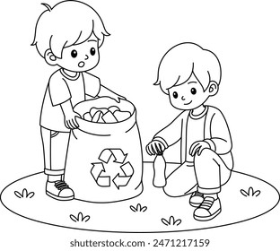 Cute kawaii eco friendly kids collecting waste coloring page. Boy, girl caring of environment, sorting . Earth day coloring page. Concept with children picking up trash