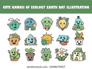 Cute kawaii of ecology Earth Day vector illustration set