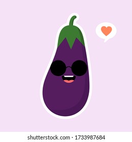 Cute und Kawaii Auberginencharakter. Vector Illustration von Auberginen. isoliertes Objekt auf einem Farbhintergrund. Vegetarismus, veganisch, Maskottchen, gesunde Lebensmittel, Bio-Gemüse . Für das Restaurant, kulinarisch