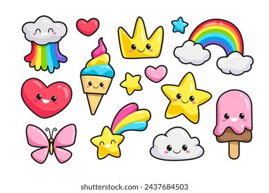 Cute Kawaii elements collection of funny unicorn ice cream, rainbow, cloud, happy star, heart, cartoon crown emoti. Kawaii Baby stickers  ( Doodle vector template )