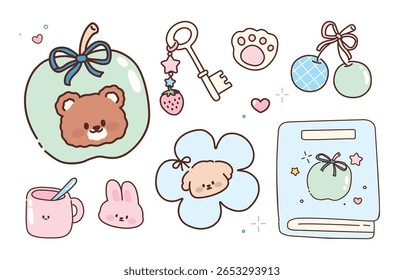 Cute Kawaii Elements and Objects Collection. isolated on white background.