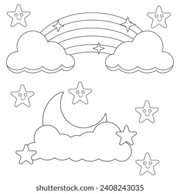 Cute kawaii elements printable coloring page for kids.