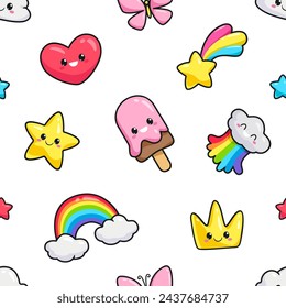 Cute Kawaii elements seamless pattern of funny unicorn ice cream, rainbow, cloud, happy star, heart, cartoon crown emoti. Kawaii Baby stickers  ( Doodle vector template )