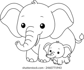 Cute kawaii elephant and baby cartoon character coloring page vector illustration. Wild animal, mothers day colouring page for kids