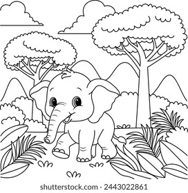 Cute kawaii Elephant cartoon character in the forest background coloring page vector illustration