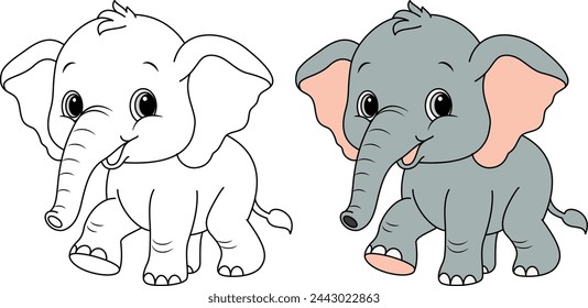 Cute kawaii Elephant cartoon character coloring page isolated on white background vector illustration