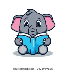 cute and kawaii elephant cartoon illustration design reading book