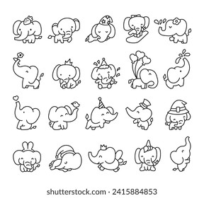 Cute kawaii elephant. Coloring Page. Cartoon funny characters. Hand drawn style. Vector drawing. Collection of design elements.