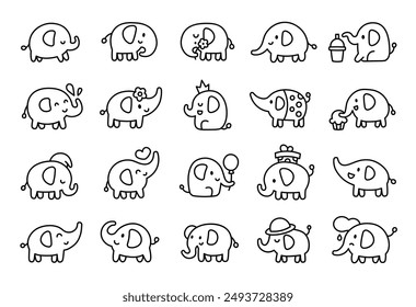 Cute kawaii elephant with funny face. Coloring Page. Adorable cartoon animal character. Hand drawn style. Vector drawing. Collection of design elements.