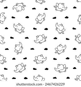 Lindo elefante kawaii. Patrón sin costuras. Página para colorear. Personajes divertidos de dibujos animados. Estilo dibujado a mano. Dibujo de Vector. Diseñar adornos.