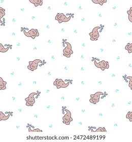 Cute kawaii elephant. Seamless pattern. Cartoon funny characters. Hand drawn style. Vector drawing. Design ornaments.