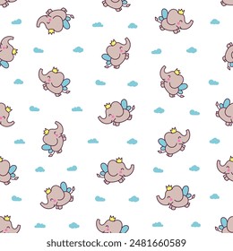 Cute kawaii elephant. Seamless pattern. Cartoon funny characters. Hand drawn style. Vector drawing. Design ornaments.