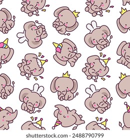 Cute kawaii elephant. Seamless pattern. Cartoon funny characters. Hand drawn style. Vector drawing. Design ornaments.