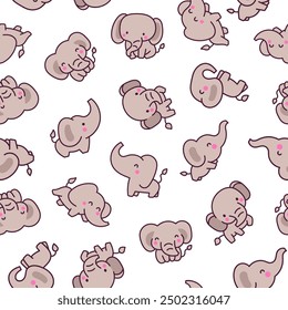 Cute kawaii elephant. Seamless pattern. Cartoon funny characters. Hand drawn style. Vector drawing. Design ornaments.